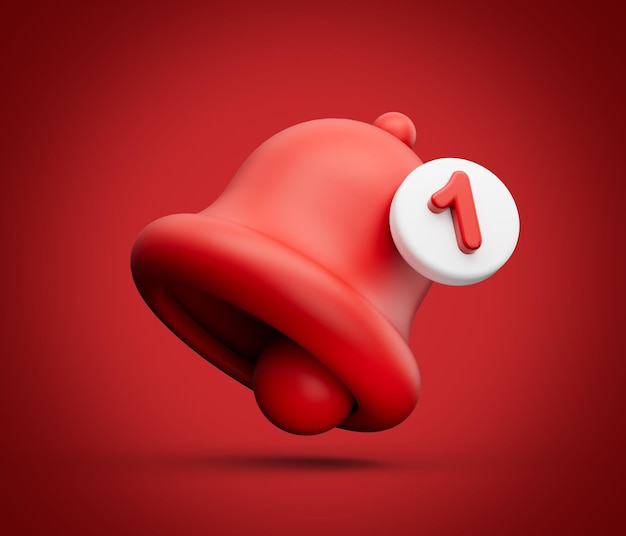 Red bell notification symbol with 1 message alert or\
notification on red background 3d illustration