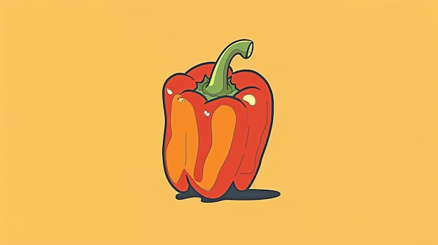 A red bell pepper on a solid background The pepper is slightly wrinkled and has a green stem The background is a light orange color