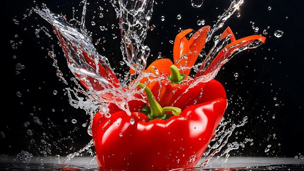 Red bell pepper splash into clear water