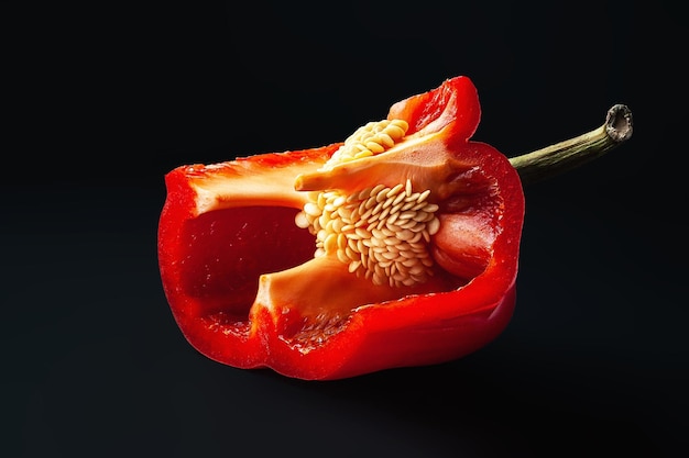 Red bell pepper with seeds Opened bell peppers on a black background Organic food concept