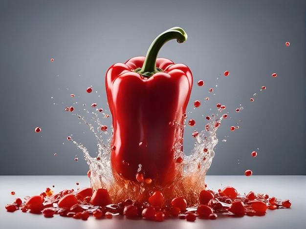 Red bell pepper with splashes of water on a gray background