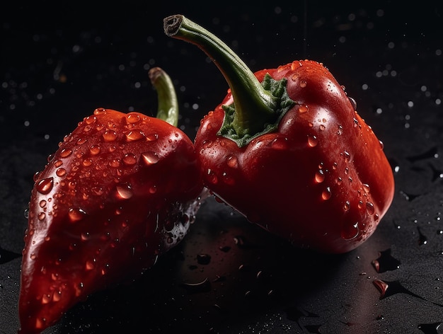 Red bell pepper with water drops on a black background