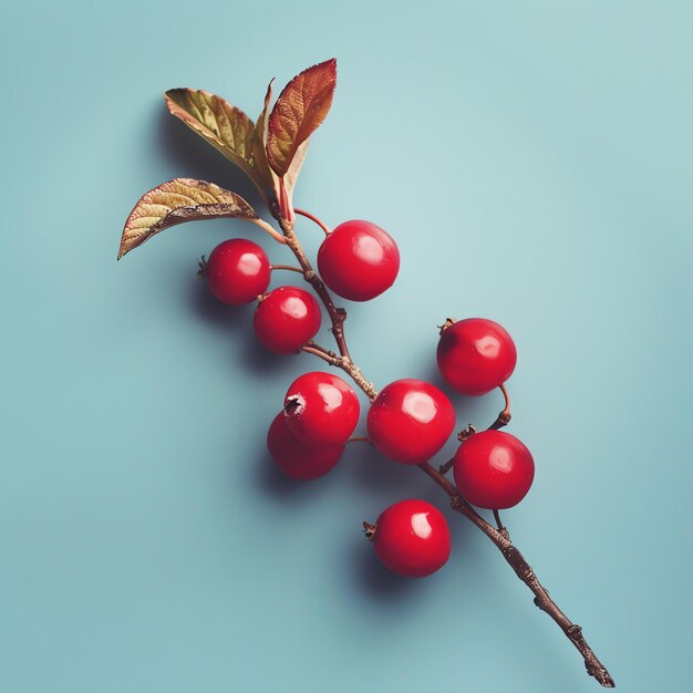 Red berries on a branch with green leaves on a blue background The branch is arranged diagonally in the frame The berries are round and shiny