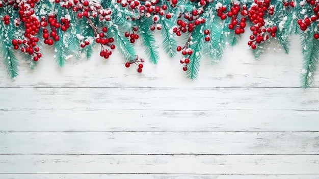 red berries and pine branches adorning a wooden backdrop for christmas winter frame