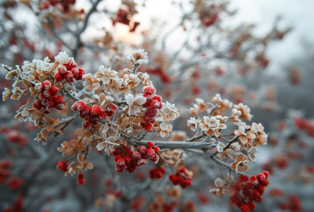 red berries on a tree are covered with snow