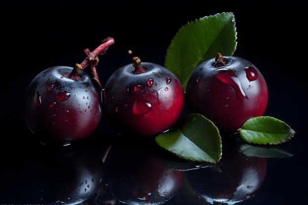 Red berries with green leaves on a black background