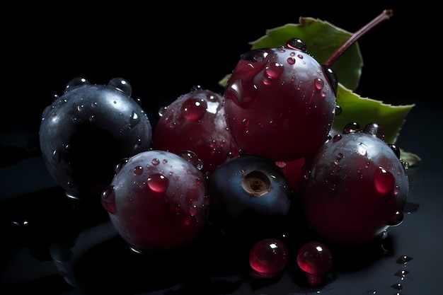 Red berries with green leaves on a black background