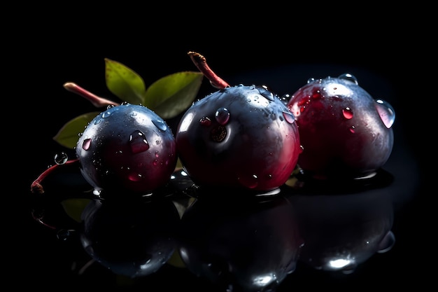 Red berries with green leaves on a black background