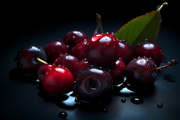 Red berries with green leaves on a black background