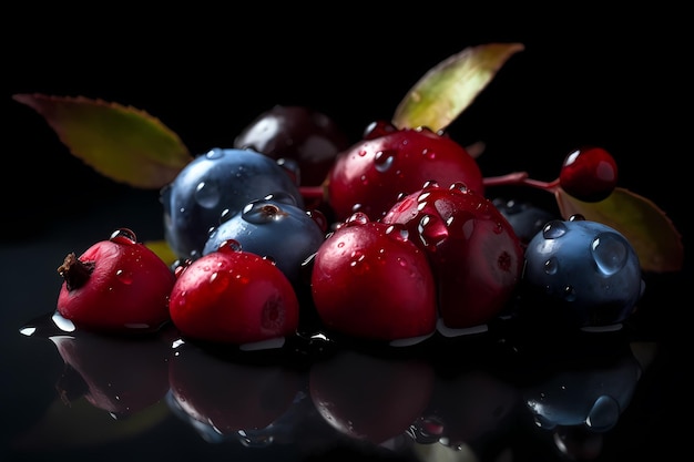 Red berries with green leaves on a black background