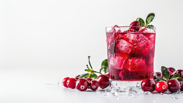 Red berry cocktail with cranberry and ice on white