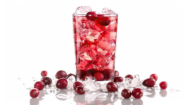 Red berry cocktail with cranberry and ice on white