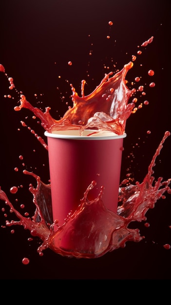 A red beverage bursts out of a paper cup forming vivid splashes Vertical Mobile Wallpaper