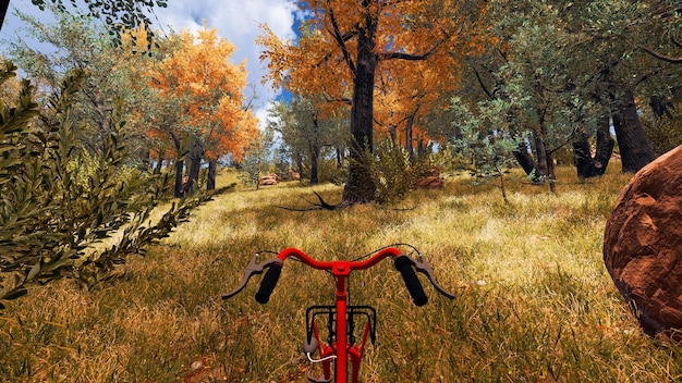 Red bicycle in a forest designed by computer in a virtual environment 3d render