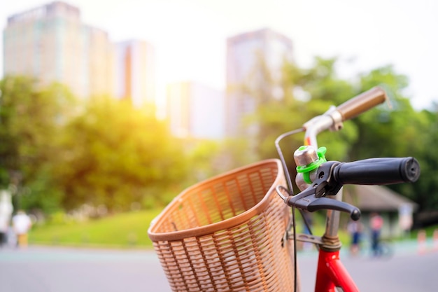 Foto bicicletta rossa nel fresco parco estivo