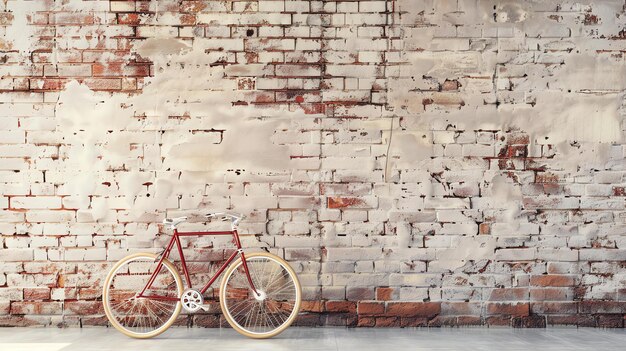 A red bicycle is leaning against a white brick wall The bicycle has a white seat and white handlebars The brick wall has a white painted texture