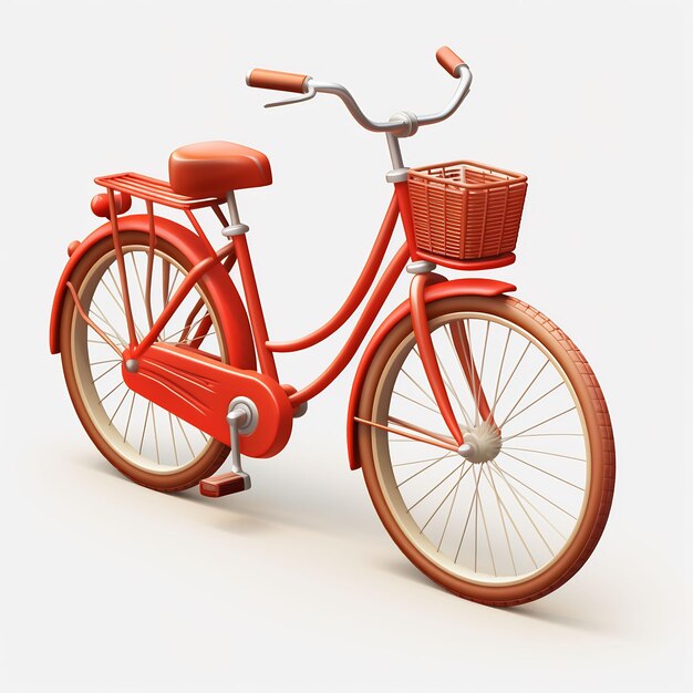 a red bicycle with a basket on the front and the front wheel of it