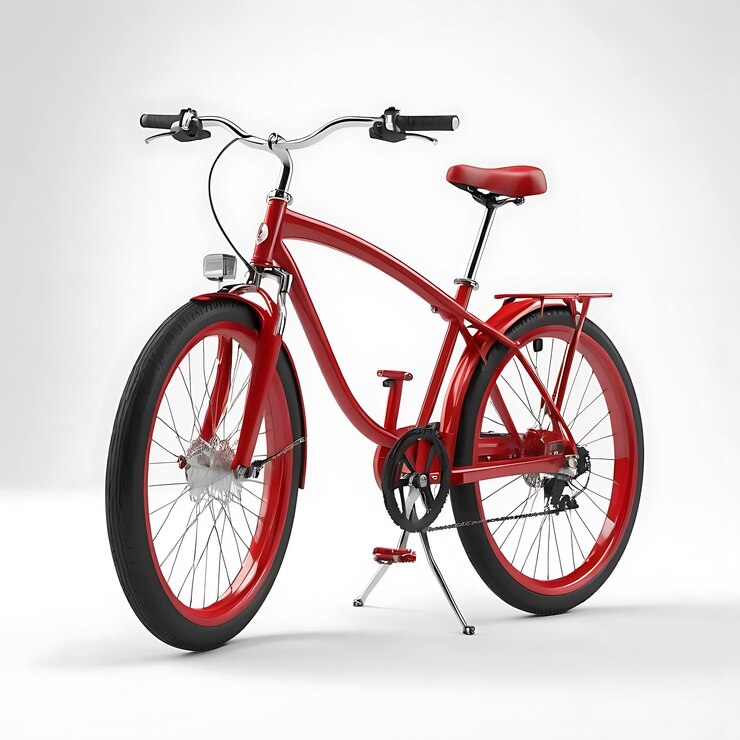 A red bicycle with a black wheel that on white background