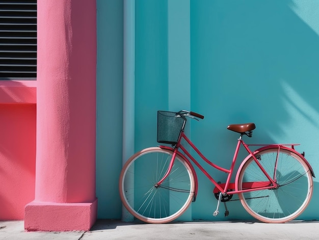 Red bicycle with blue wall and pink wall background vintage color tone