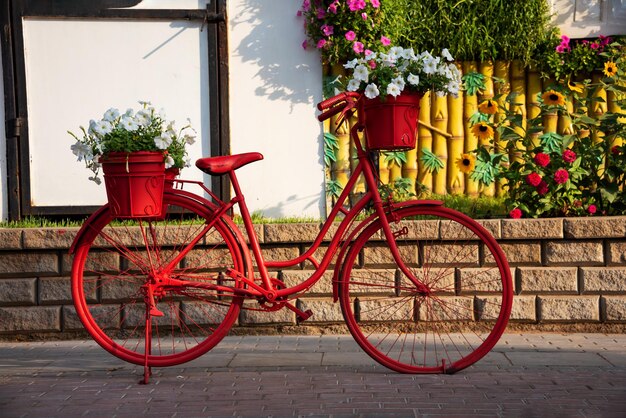 Red bicycle with flowers in a garden