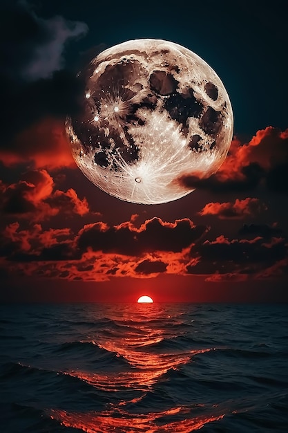 Red big moon withcloudy sky on the sea