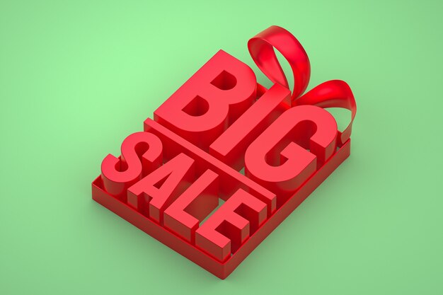 Red big sale 3d design rendering for sale promotion with bow and ribbon on Green isolated