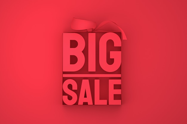 Red big sale 3d design rendering for sale promotion with bow and ribbon on red isolated background