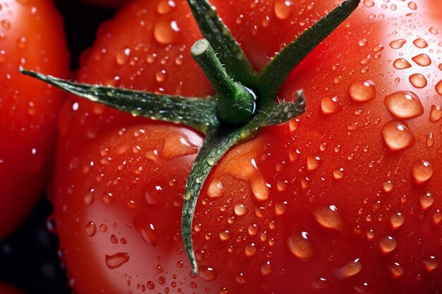 Red big tomato with water drops closeup generative ai