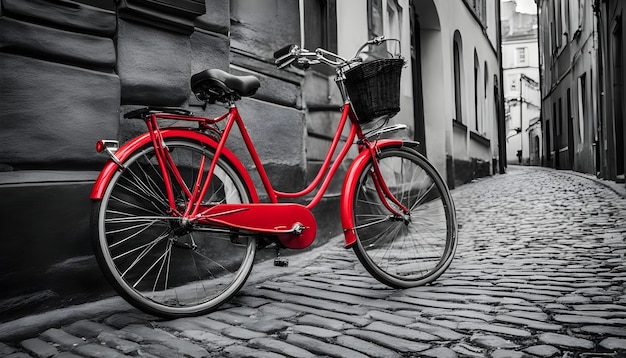 a red bike with a basket on the front of it