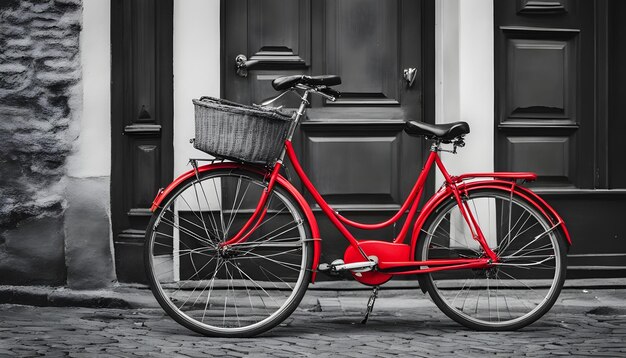 a red bike with a basket that says  bicycle