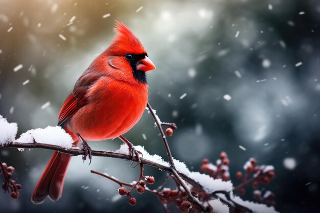 a red bird sitting on a branch in the snow