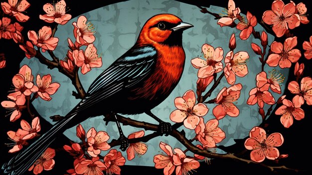 A red bird sitting on a branch with flowers ai