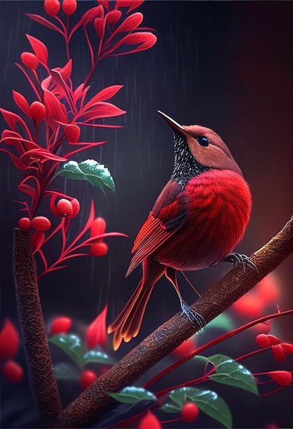 Red bird sitting on top of a tree branch generative ai