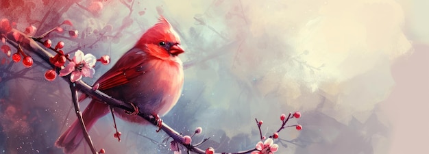 Red Bird Sitting on Tree Branch