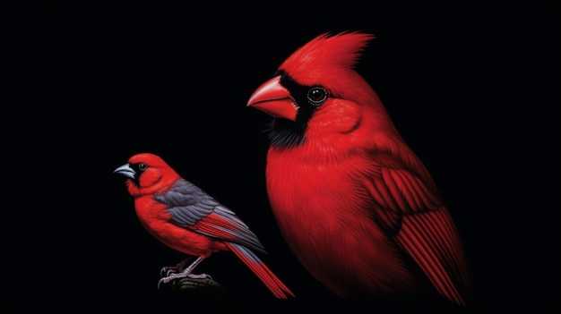 A red bird with a black background and a red bird