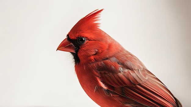 A red bird with a black beak and a black beak is standing on a white background.