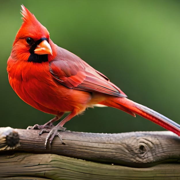 A red bird with a black beak and a yellow beak sits on a wooden branch.