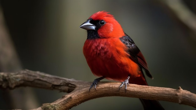 A red bird with a black face sits on a branch.