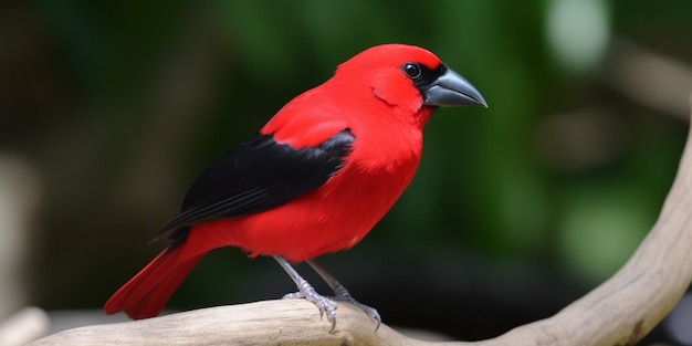 A red bird with black wings and a black head is sitting on a branch.