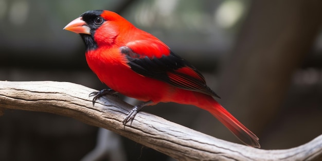 A red bird with black wings sits on a branch.