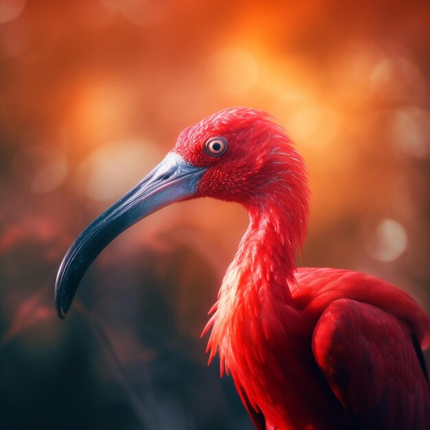 красная птица с длинным клювом стоит перед размытым фоном.
