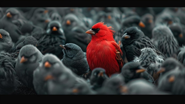 a red bird with a red beak stands in a group of other birds