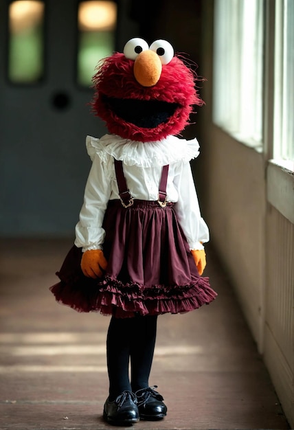 a red bird with a red face and a white shirt on it