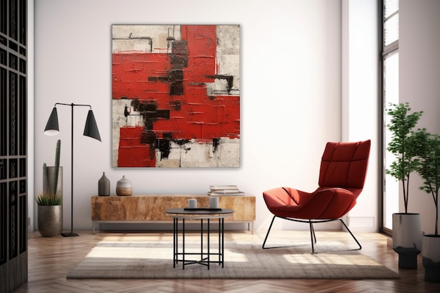 A red and black abstract painting hangs in a living room.