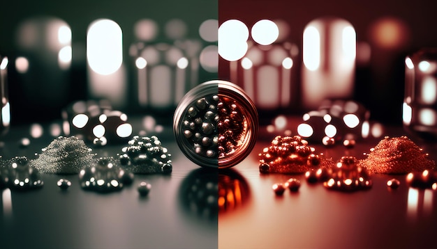 A red and black background with a bottle of pills and a glass bottle with the word bead on it.