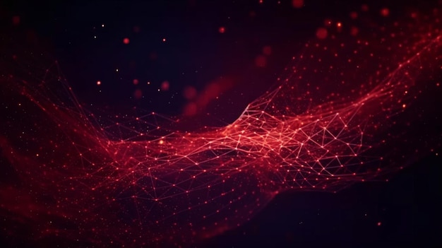 A red and black background with a network lines and dots.