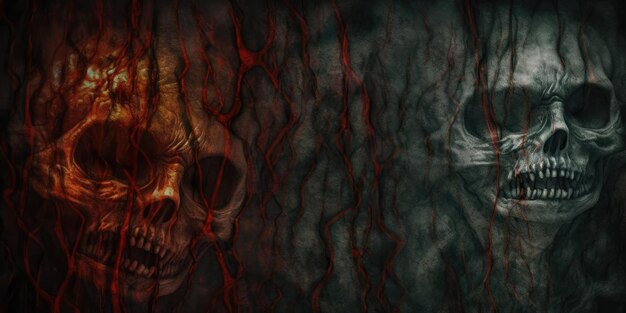 Photo a red and black background with two skulls and one is labeled'the devil '