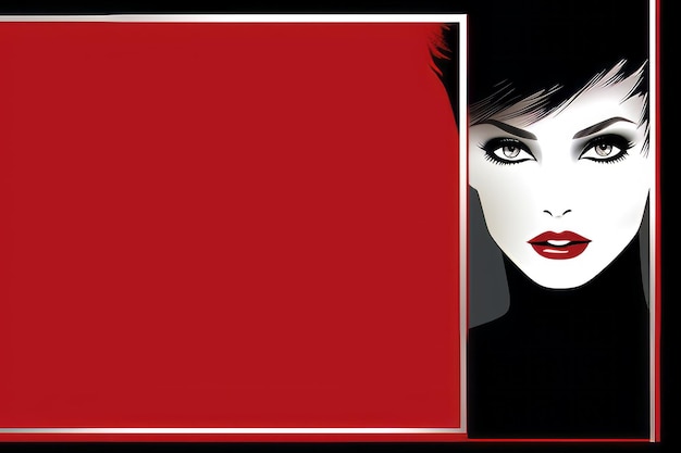 a red and black background with a womans face