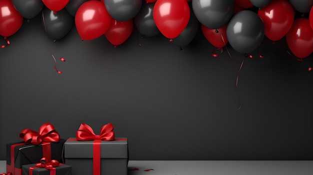 Red and Black Ballon with Gift Boxes on dark Grey Background with Copy Space