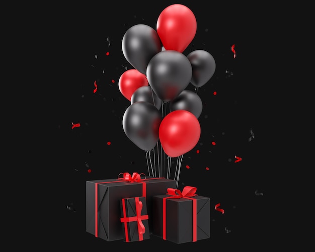 Palloncini rossi e neri e regali isolati su sfondo nero elemento di celebrazione di compleanno del venerdì nero per biglietto evento ritaglio design moderno rendering 3d